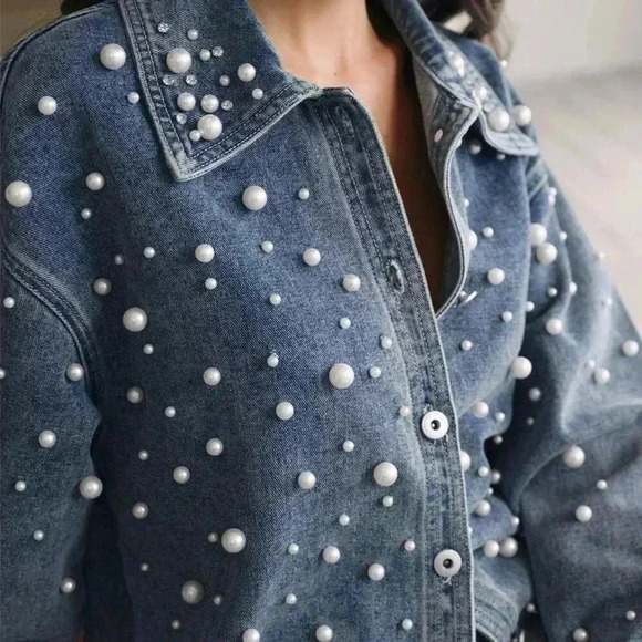 Blue Casual Women's Pearl and Rhinestone Decorated Button-Up Long Denim Blouse - Picture 6 of 7